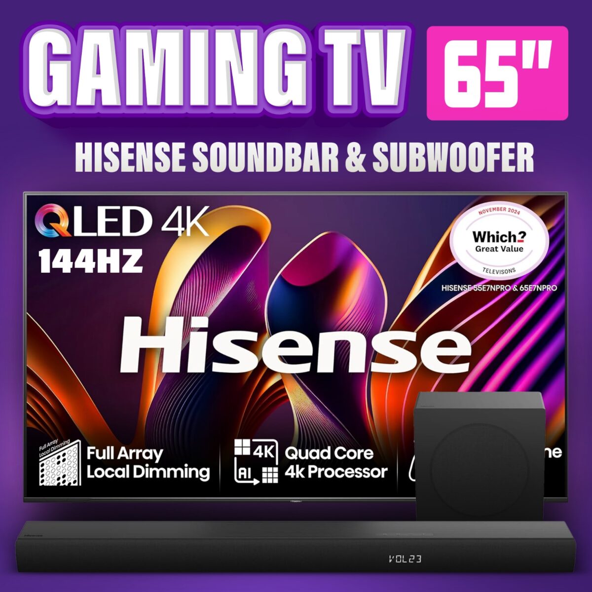 GAMING TV 65" + SOUNDBAR & SUBWOOFER